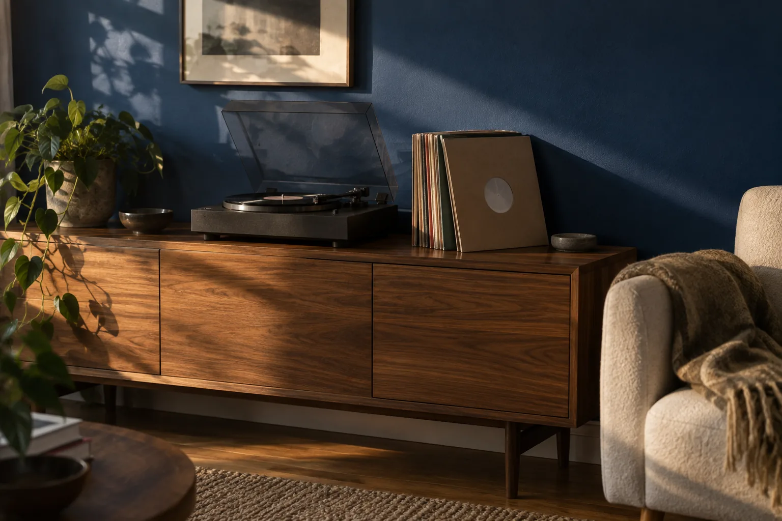 Een walnoten dressoir tegen een donkerblauwe muur in het late middaglicht, met een zwarte platenspeler met open stofkap, een rij platen in blanco hoezen ernaast en een crèmekleurige fauteuil aan de rand van het beeld.